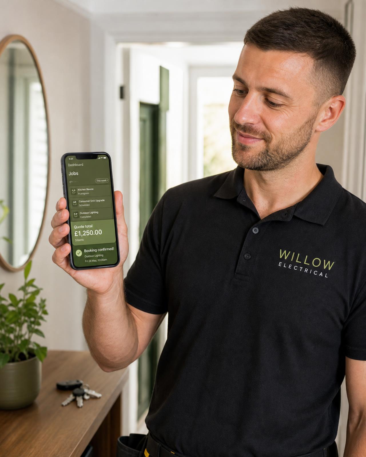 A UK electrician viewing his jobs, quote total and new booking in the Vantage Point Digital app